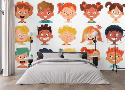 Set of cute happy children people faces in funny colorful illustration style. Flat cartoon toddler head collection for education concept or kid project. cartoons. Illustrations Wall mural