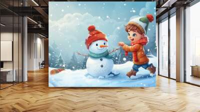 Two little kids building snowman in the snow with snowman in the background. cartoons. Illustrations Wall mural