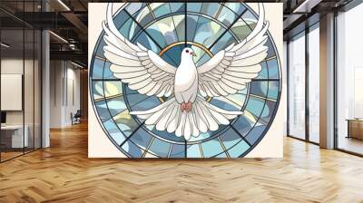 White dove flying, church colored window, vector illustration Wall mural