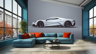 White sports car is shown like a studio photo with a gray background and a black rimmed tire. Supercar concept. Side view. Generative AI technology. sports. Illustrations Wall mural