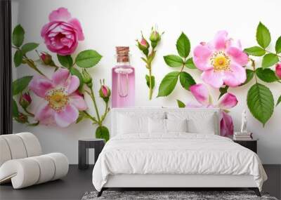 wild rose aromatic oil on white background, cosmetic product, exquisite ingredient for perfumes and cosmetic. Health products isolated on white. Photo realistic photo. Wall mural