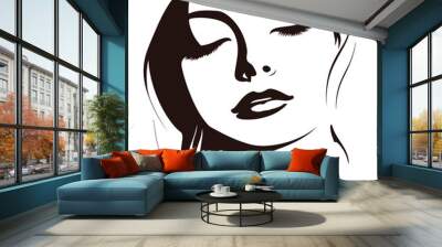 woman’s face closed eyes sexy look lovable love line art black and white, vector silhouette isolated Wall mural