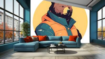 Bear mascot illustration in oversized jacket, vector logo style, e-sport gamer style, on isolated background. Wall mural