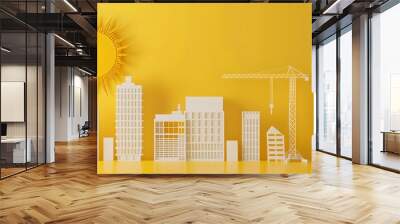 City landscape development with tower cranes in minimalist 3d illustration pastel color paper art style for sustainable growth concept Wall mural