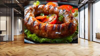 Mouthwatering hotdog sausages, expertly cooked and kept warm, topped with crisp lettuce, ripe tomatoes, aromatic onions, and vibrant peppers Wall mural