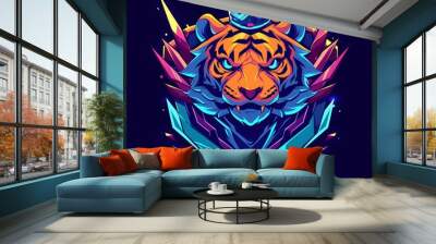 Tiger character mascot illustration with crown, vector logo, e-sport gamer t-shirt design on isolated background Wall mural