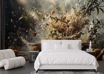 Advertising - podium photo of jojoba exploding with flying, realistic pieces  Wall mural