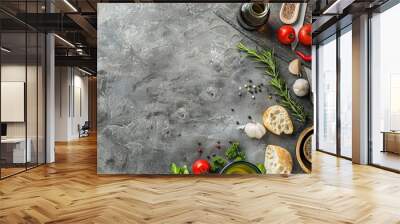 Culinary background with traditional ingredients of mediterranean ( italian ) cuisine on a light grey slate, stone or concrete table. Top view with copy space.  Wall mural