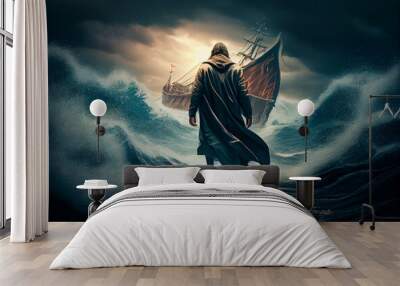 During a storm, Jesus navigates the sea by walking on it. Christian theme idea. Generative AI Wall mural