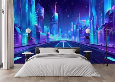 Future metropolis streets night skyline cartoon vector with illuminated blue and violet neon lights futuristic skyscrapers, bridge, subway railroad over city bay illustration. Sci-fi urban background  Wall mural