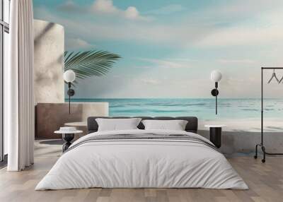 Summer sand and tropical sea background with abstract stone podium  Wall mural