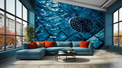 surface of blue swimming pool with water drain  Wall mural