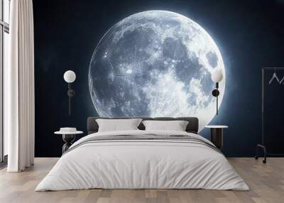 A big bright full moon gives off light in the night sky. An astronomical body orbiting the planet Earth, which is the Earth's only permanent natural satellite. Illustration for cover, card, design. Wall mural