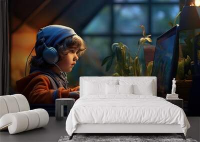 A boy wearing headphones is playing a computer game. The child is studying remotely. Listening to music, audiobooks, etc. Illustration for cover, brochure, advertising or presentation. Wall mural