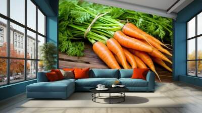 A bunch of fresh orange carrots with green tops on a wooden table. Concept of healthy eating and dieting. Vegan and vegeterian food. Illustration for banner, cover, advertising, marketing, etc. Wall mural