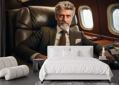 A businessman sits in a luxurious first class cabin or in a private jet. Business jet interior. Comfortable travel. Illustration for banner, poster, cover, brochure or presentation. Wall mural