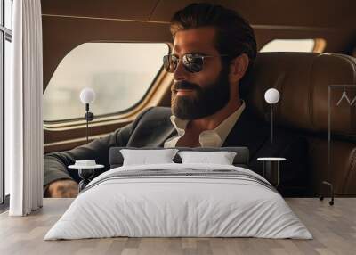 A businessman sits in a luxurious first class cabin or in a private jet. Business jet interior. Comfortable travel. Illustration for banner, poster, cover, brochure or presentation. Wall mural