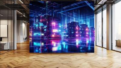 A data center or server room. A connected system of IT infrastructure, engineering infrastructure and equipment. Digital art illustration. Can be used for advertising, marketing or presentation. Wall mural