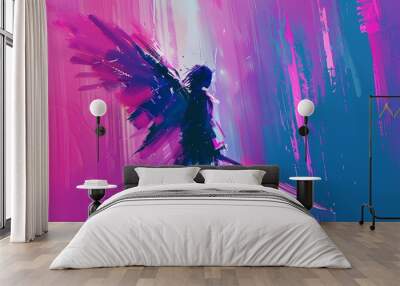 A fallen angel with outstretched wings and a sword in his hand. A medieval biblical character. Digital art in picture form. Illustration for cover, card, interior design, brochure or presentation. Wall mural