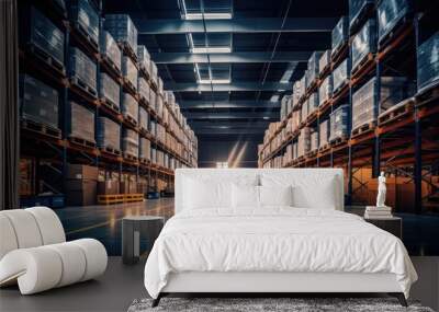 A large warehouse with numerous items. Rows of shelves with boxes.  Logistics. Inventory control, order fulfillment or space optimization. Illustration for advertising, marketing or presentation. Wall mural