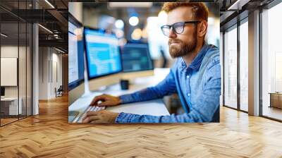 A programmer at work in front of a burning monitor. A male trader at work on a computer. Operational data analysis. Design for banner, flyer, poster, cover or brochure. Wall mural