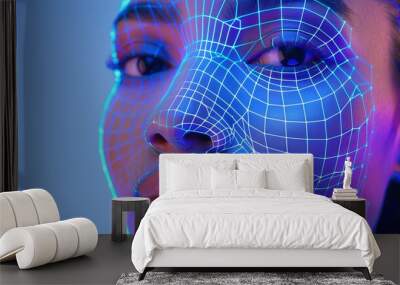 A woman's face with a grid of grids applied on top of it. Concept of cosmetic procedures. Digital facial identification system. Biometric verification. Polygonal mesh facial recognition technology. Wall mural