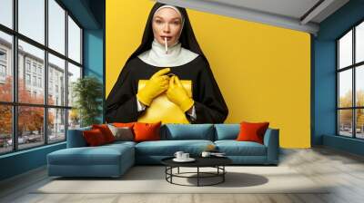 A woman in a black dress, yellow gloves and holding a yellow purse. The nun is smoking. Fashionable image. Illustration for varied design. Wall mural