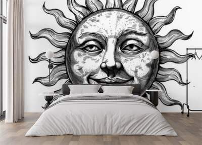 An image of the sun with a face and rays. A mystical, esoteric or occult design element. Cartoon characters in pencil drawing style. Black and white image. Illustration for cover, card, print, etc. Wall mural