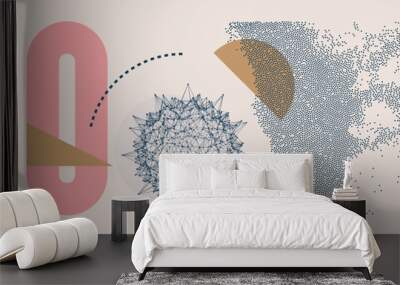 Art composition with geometric forms. Virus particle. Medical illustration. Sphere. Chaotic concentration and dispersion of small particles. Cover design template for brochure, poster or banner. Wall mural