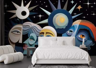 Artwork puppet theater background with toys. Cartoon style. The faces of various characters against the backdrop of the night sky with many stars. Generative AI illustration for poster or presentation Wall mural