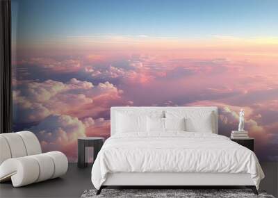 Beautiful sunset above the clouds. Aerial view. Nature background of sky. Cloudy landscape from the window of an airplane. Sunrise. Sun goes into the clouds. Illustration for varied design. Wall mural