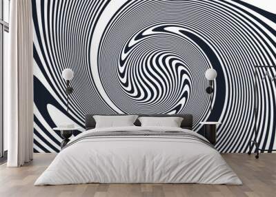 Black and white swirl background. Pattern with whirlpool movement optical illusion. Psychedelic stripes. 3d vector illustration for brochure, magazine, poster, presentation, flyer or banner. Wall mural