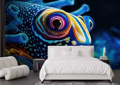 Blue and yellow exotic fish. Tropical fish swimming in ocean. Underwater scene. Generative AI. Illustration for poster, cover, card or presentation. Wall mural