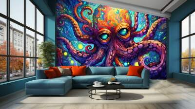 Close-up of a colorful octopus with many tentacles. Surreal monster with dripping drops of paint. Illustration can be printed on t-shirt, bag, postcard, case, pillow and other products. Wall mural