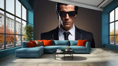 Close-up portrait of a serious male businessman wearing a suit, tie and sunglasses. A confident and elegant man in the role of a spy, politician or security guard. Illustration for cover, advertising. Wall mural