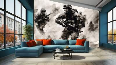 Combat infantry attack the enemy. Fully equipped soldiers of war run forward with rifles ready to shoot. Military operation in action. Special Forces. Squad running in formation. Army concept. Wall mural