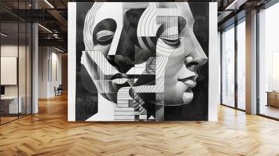 Cubist style collage of two faces cut and glued together. Abstract and artistic geometric art. Black and white image in pencil drawing style. Illustration for poster, cover, brochure or presentation. Wall mural