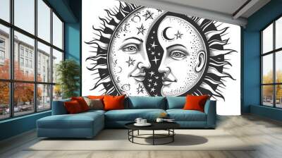 Depiction of the sun and crescent moon with faces and rays. A mystical, esoteric or occult design element. A mystical, esoteric or occult design element. Cartoon characters in pencil drawing style. Wall mural