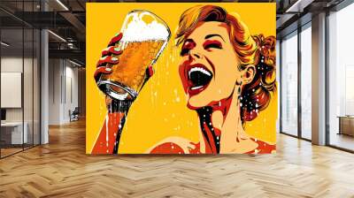 Digital painting in bright pop art style depicting a portrait of a cute girl with a mug of beer. Illustration for cover, card, interior design, banner, poster, brochure, advertising, marketing. Wall mural