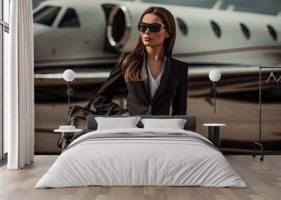 Elegant lady in the background of a private jet. Businesswoman or rich woman after a flight. Illustration for banner, poster, cover, brochure or presentation. Wall mural