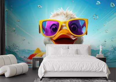 Funny duck float in water in sunglasses with happy emotion.  Illustration for banner, poster, cover, brochure or presentation. Wall mural