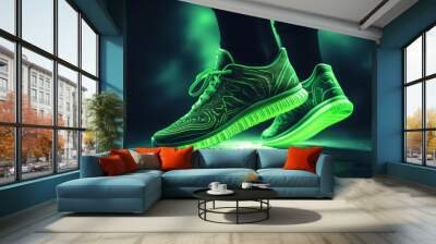 Green neon sneakers on a black background with copy space for text or design. A close up of a pair of walking shoes. Fashion trendy style. Generative AI. Illustration for poster, cover or brochure. Wall mural