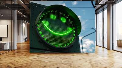 Green traffic light with a smiley face. You can go. Illustration for banner, poster, cover, brochure or presentation. Wall mural