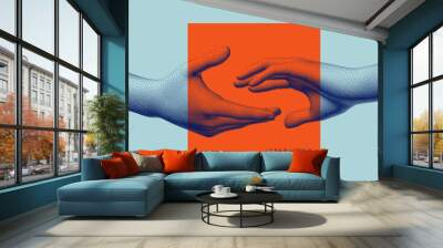 Hands reaching towards each other. Concept of human relation, togetherness or  partnership. 3D vector illustration. Design for banner, flyer, poster, cover or brochure. Wall mural