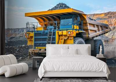 Hauling ore in a huge dump truck over the terraced paths of a deep open pit mine. The concept of developing a deposit of something. Large-scale mining operations. Illustration for varied design. Wall mural