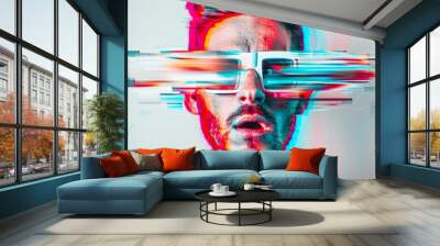 In the painting, the eyes are smeared on the man's face. The glitch effect image has a psychedelic, whimsical and abstract look. The concept of a man's mental health. Illustration for varied design. Wall mural