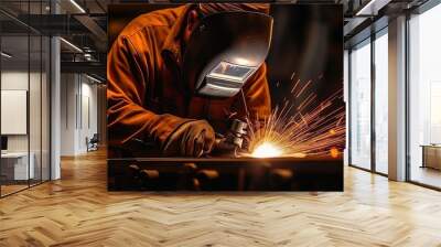 Male welder in a protective mask is welding metal. A professional works in a factory. Industrial background. Illustration for banner, poster, cover, brochure or presentation. Wall mural