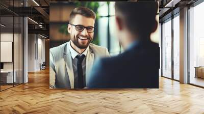 Meeting with a friend at a business lunch. Business people at a business meeting. Successful negotiations. Interview with a job applicant. Colleagues are discussing something. Illustration for design. Wall mural