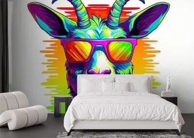 Muzzle of a fashionable goat in the style of pop art. Illustration of billy-goat wearing sunglasses on white background. Animal fashion. Colorful painting of he-goat. Printable design for t-shirts etc Wall mural