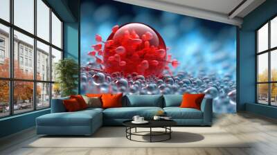 One large red sphere among many small blue transparent balls or droplets. Background for medicine, science or technology. Illustration for banner, flyer, poster, cover, brochure or presentation. Wall mural